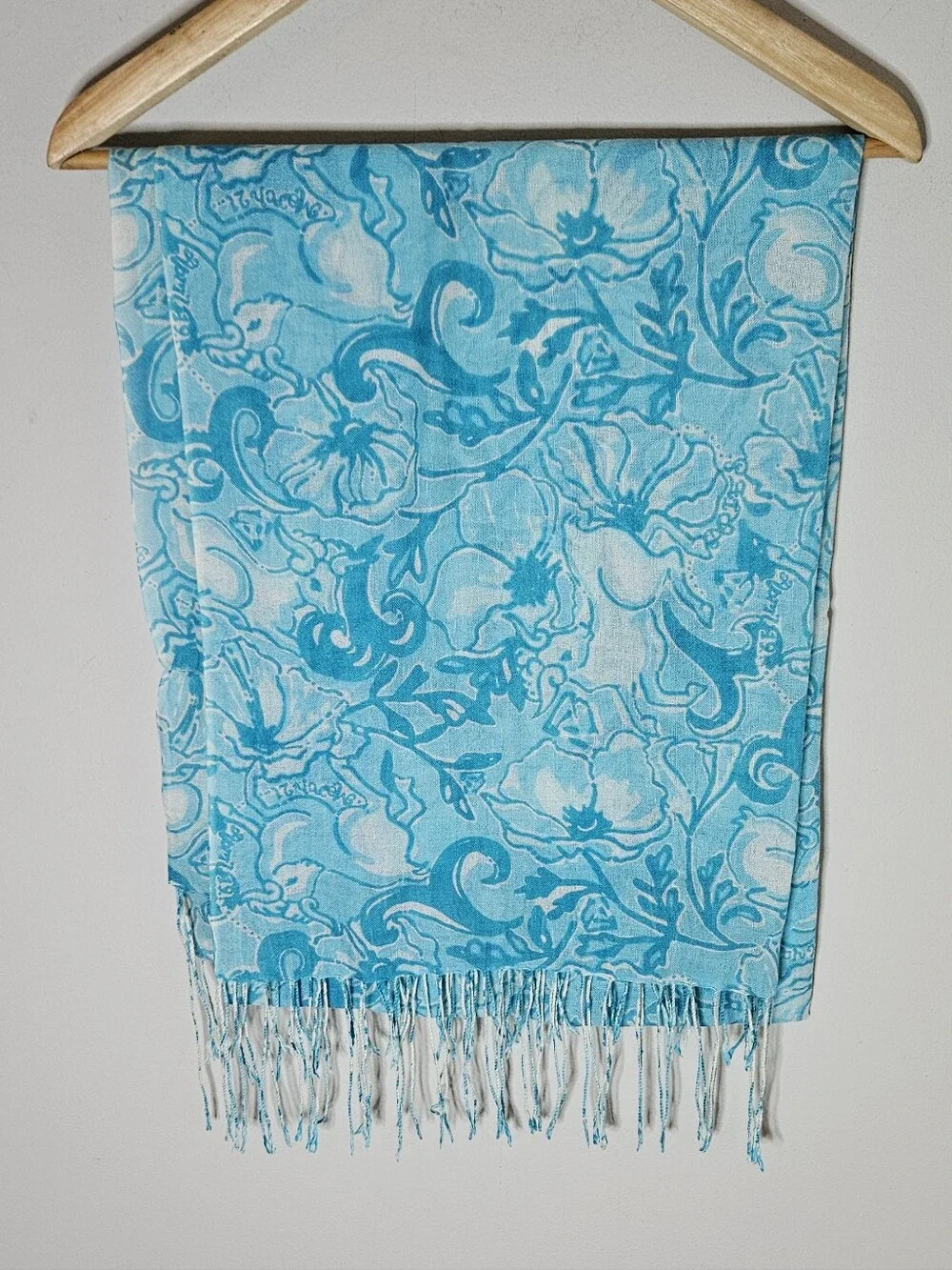 Lilly Pulitzer Murfee Scarf Silk Cashmere Aries Print Blue Green Cream 28×82